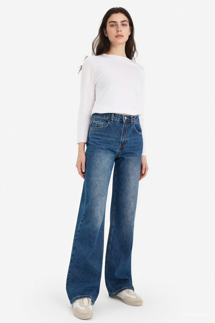 Kadın Koyu Mavi Straight Wide Yüksek Bel Jean