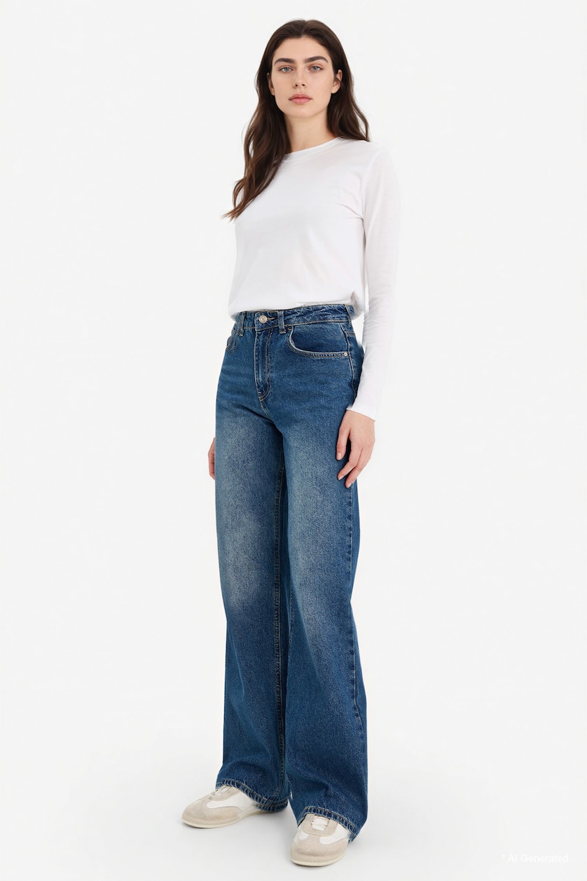 Kadın Koyu Mavi Straight Wide Yüksek Bel Jean