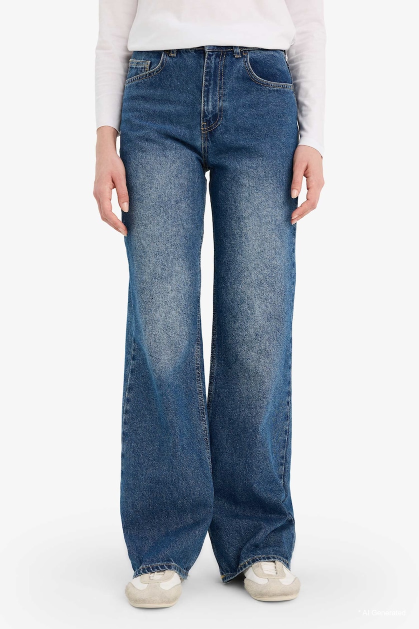 Kadın Koyu Mavi Straight Wide Yüksek Bel Jean