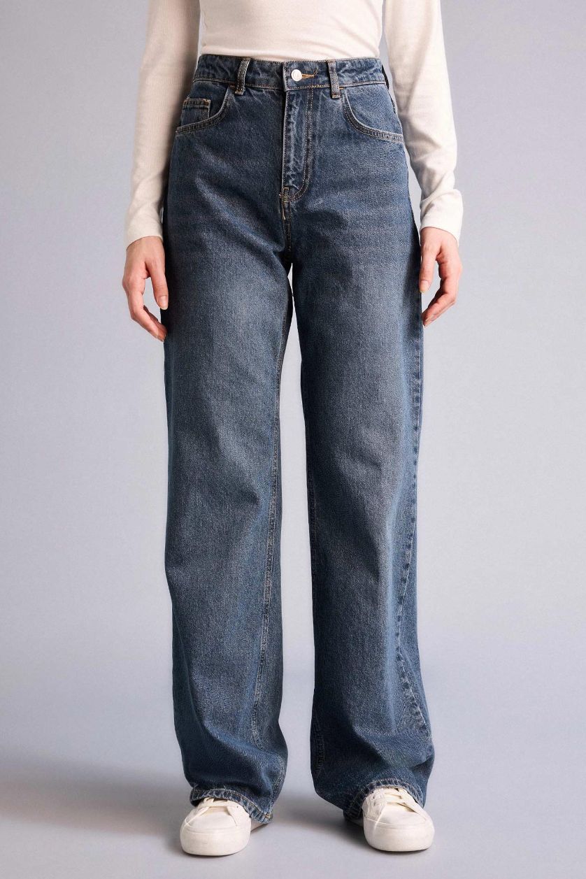 نساء أزرق غامق بنطرون جينز قصة مستقيمة واسعة وخصر عالي