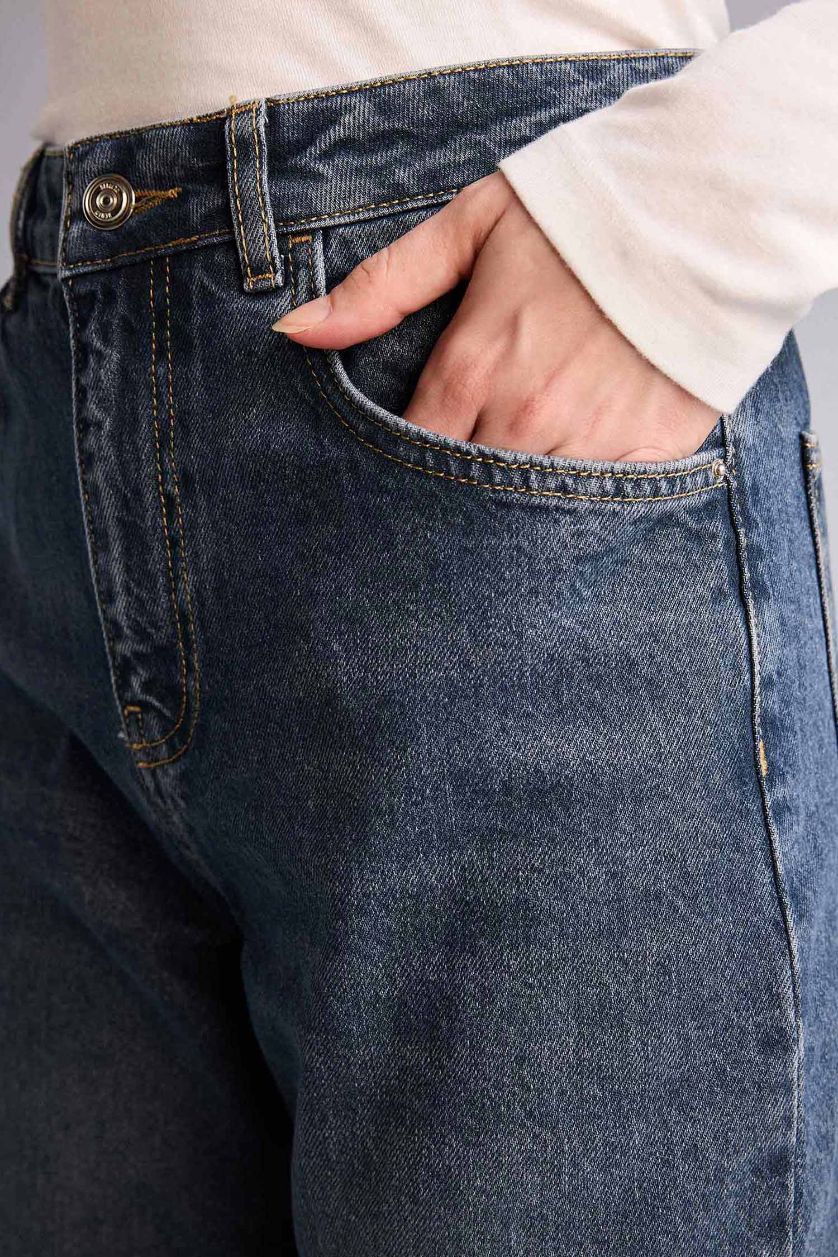 نساء أزرق غامق بنطرون جينز قصة مستقيمة واسعة وخصر عالي