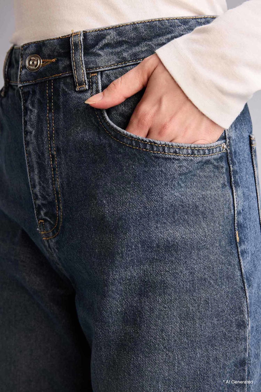 نساء أزرق غامق بنطرون جينز قطن 100% قصة مستقيمة واسعة وخصر عالي