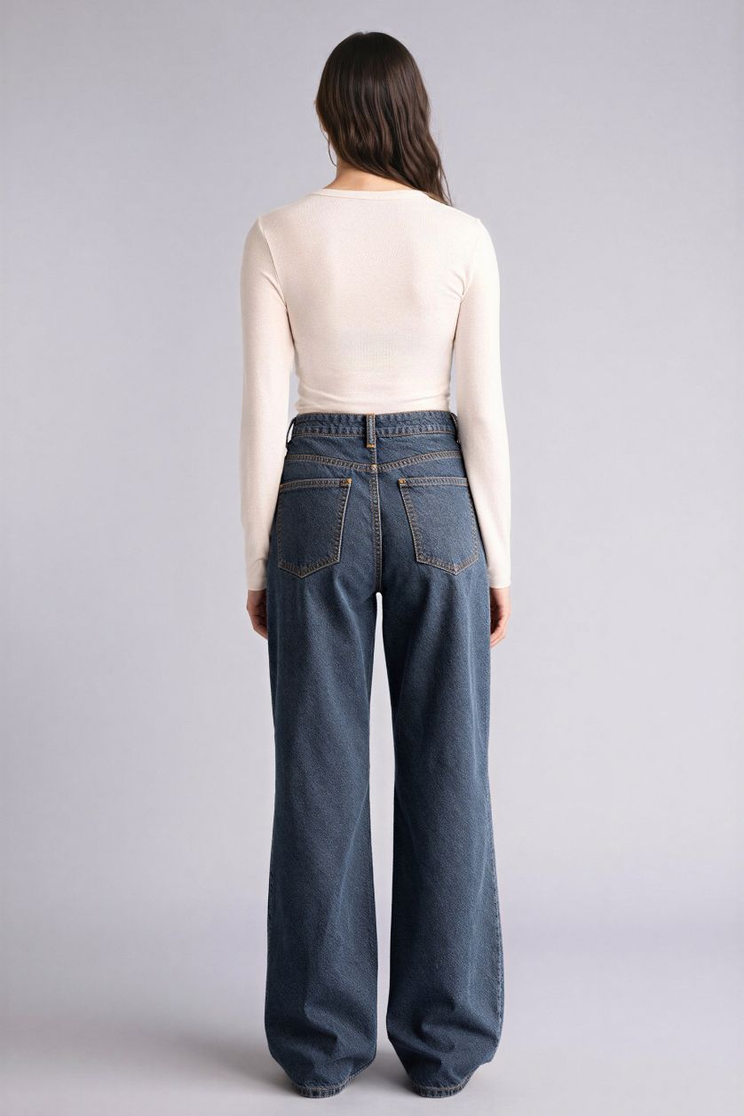 نساء أزرق غامق بنطرون جينز قصة مستقيمة واسعة وخصر عالي