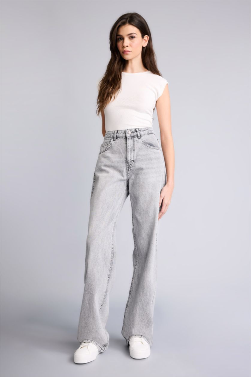 Kadın Gri %100 Pamuk Straıght Wıde Yüksek Bel Jean Pantolon