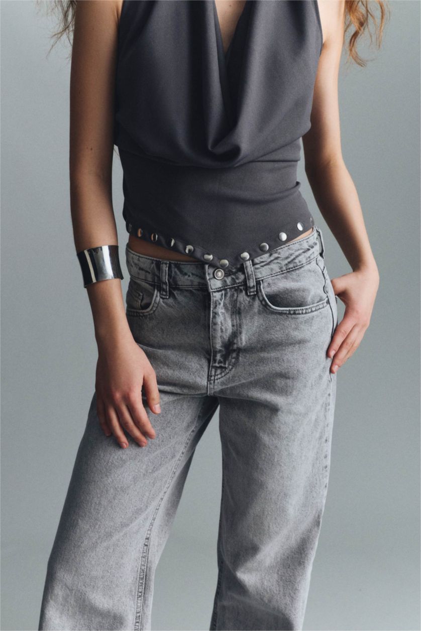 Woman Grey Straight Wide High Waist Long Jeans