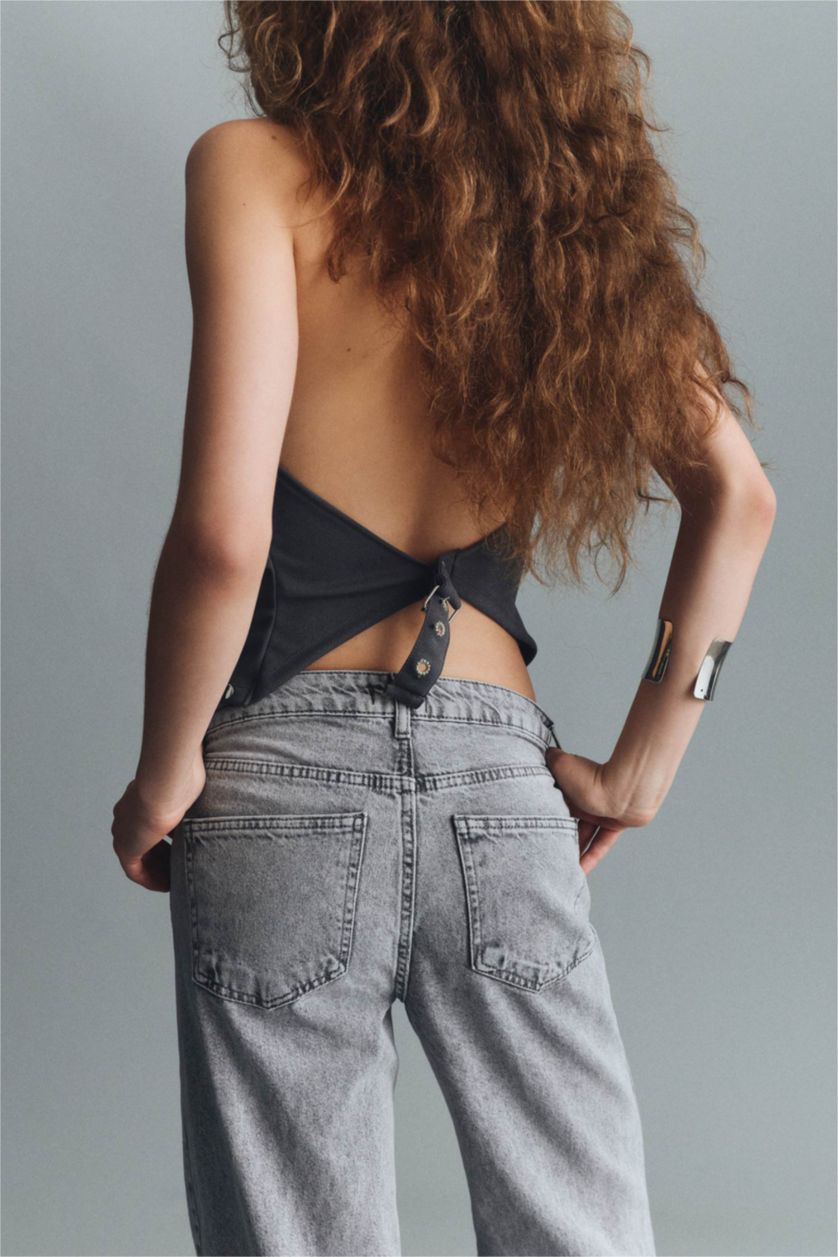 Woman Grey Straight Wide High Waist Long Jeans