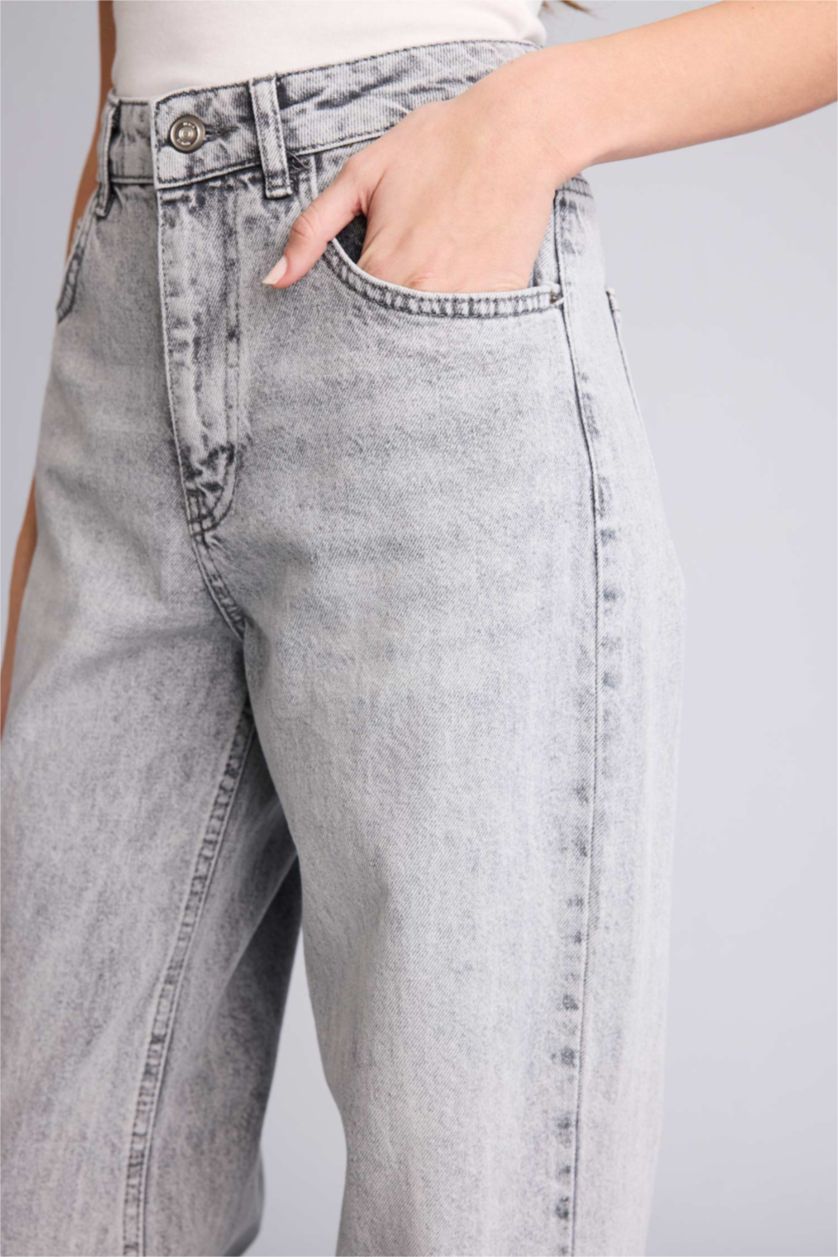 Kadın Gri %100 Pamuk Straıght Wıde Yüksek Bel Jean Pantolon