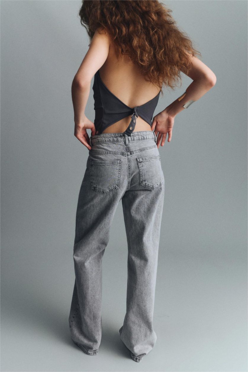 Woman Grey Straight Wide High Waist Long Jeans