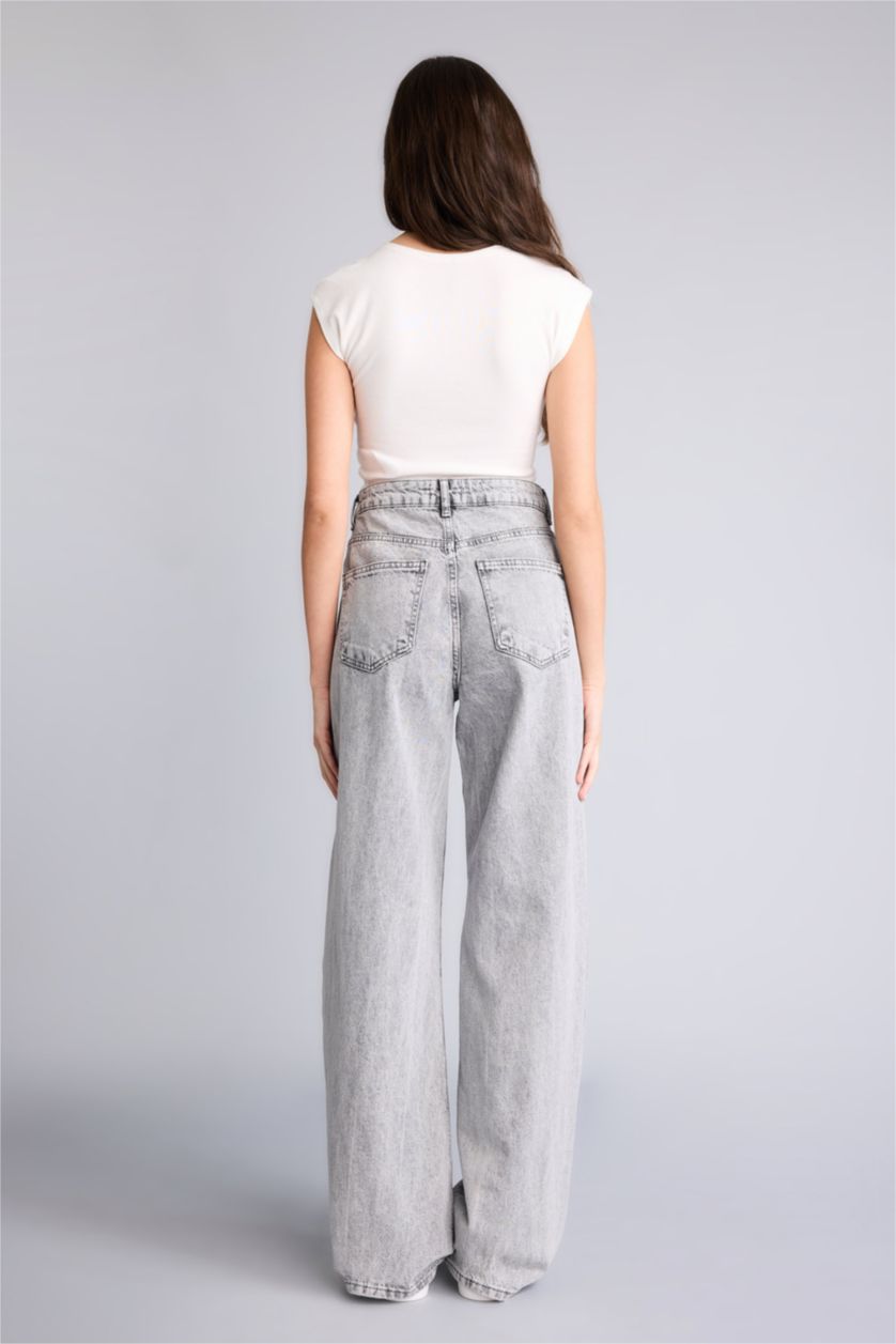 Kadın Gri %100 Pamuk Straıght Wıde Yüksek Bel Jean Pantolon