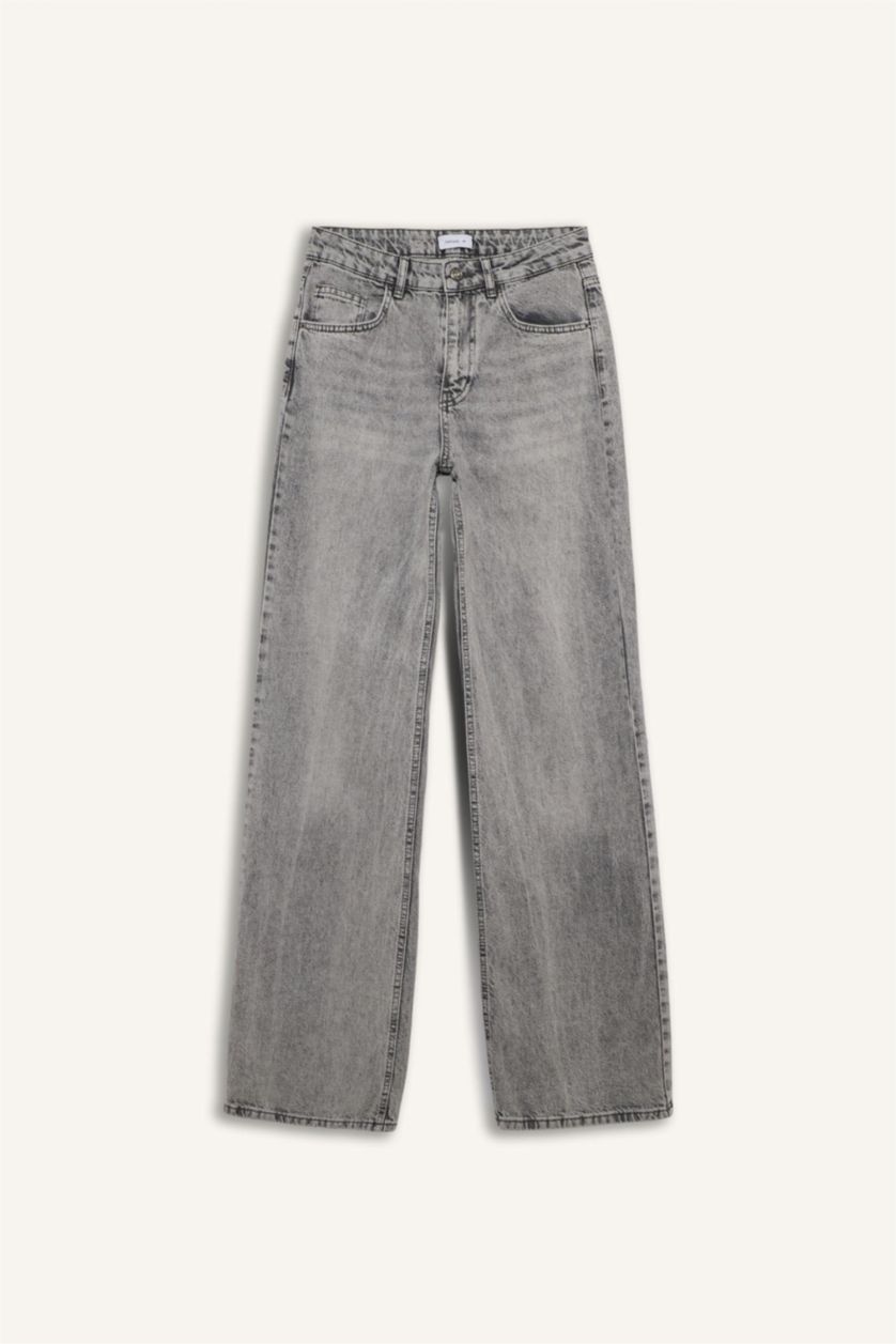 Woman Grey Straight Wide High Waist Long Jeans