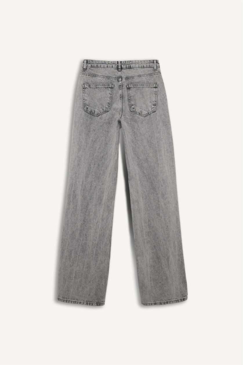 Woman Grey Straight Wide High Waist Long Jeans