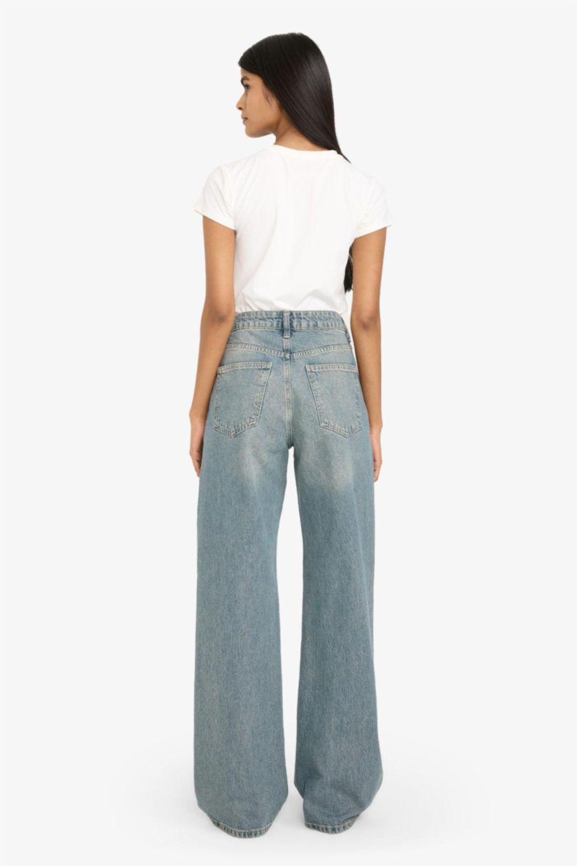 نساء أزرق بنطرون جينز قصة مستقيمة واسعة وخصر عالي