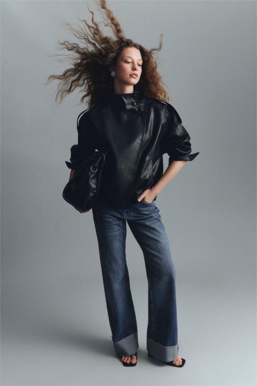 Kadın Koyu Mavi %100 Pamuk Straıght Wıde Yüksek Bel Jean Pantolon