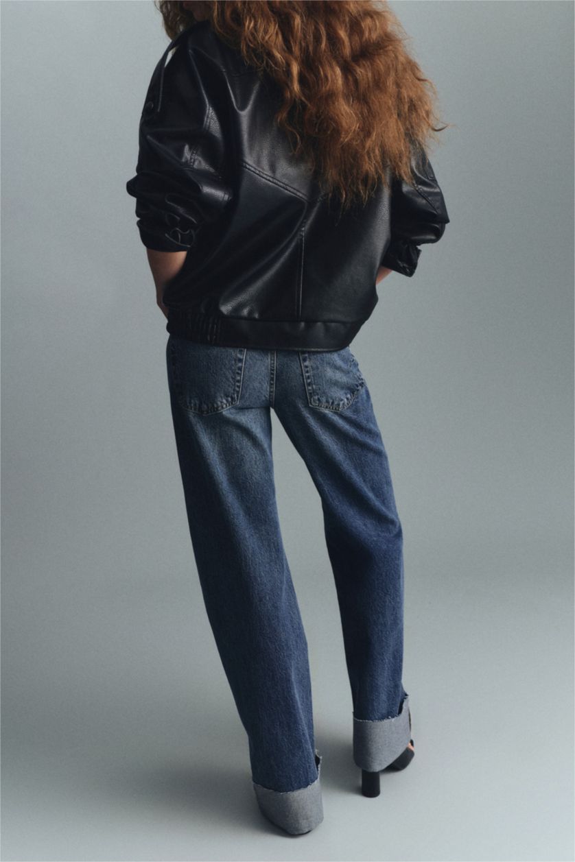 Kadın Koyu Mavi %100 Pamuk Straıght Wıde Yüksek Bel Jean Pantolon