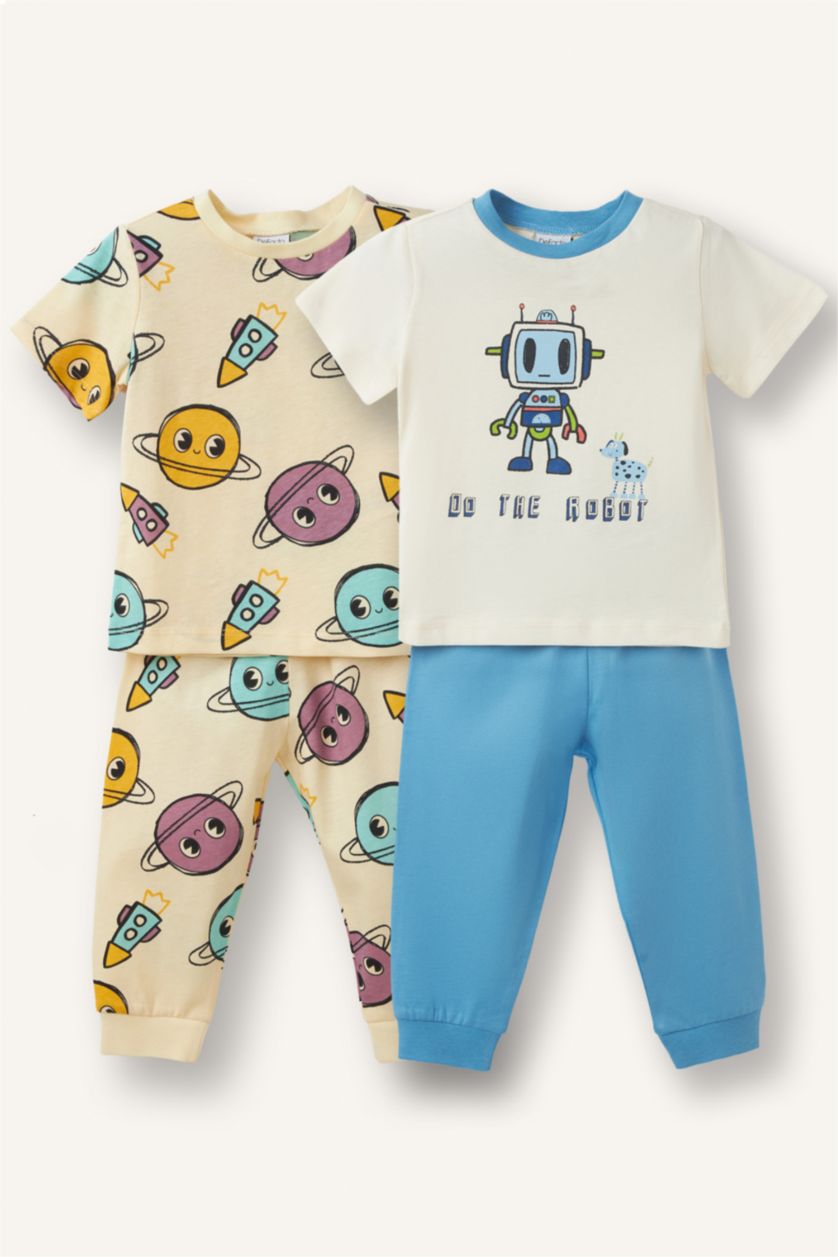 Baby Boys Light Yellow 4 piece Regular Fit Printed Knitted Pyjamas