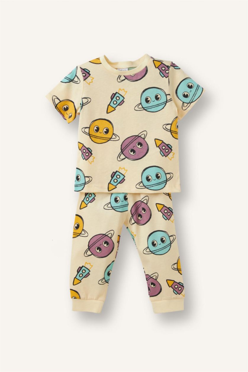 Baby Boys Light Yellow 4 piece Regular Fit Printed Knitted Pyjamas