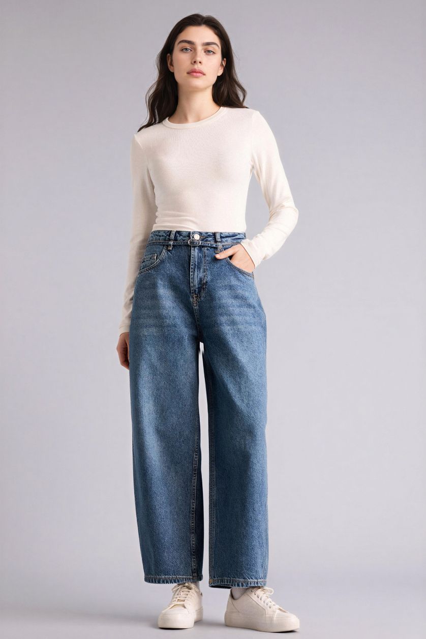 Kadın Mavi Barrel Fıt Normal Bel Jean Pantolon