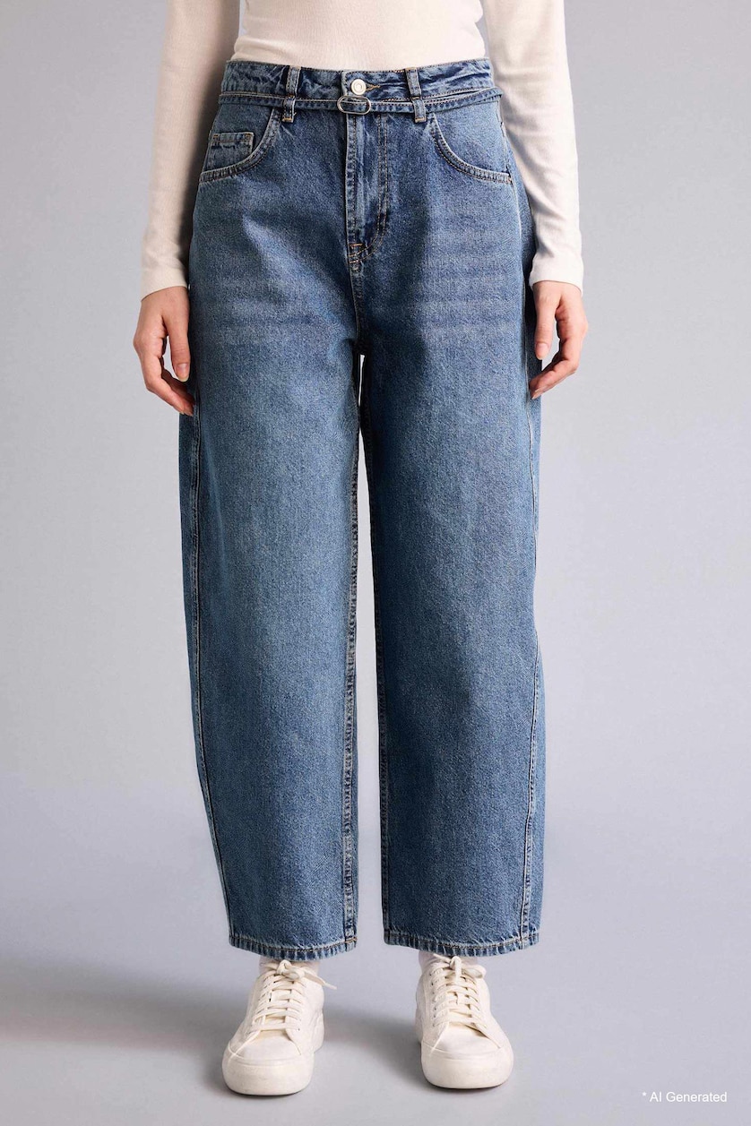 Kadın Mavi Barrel Fit Yüksek Bel Jean