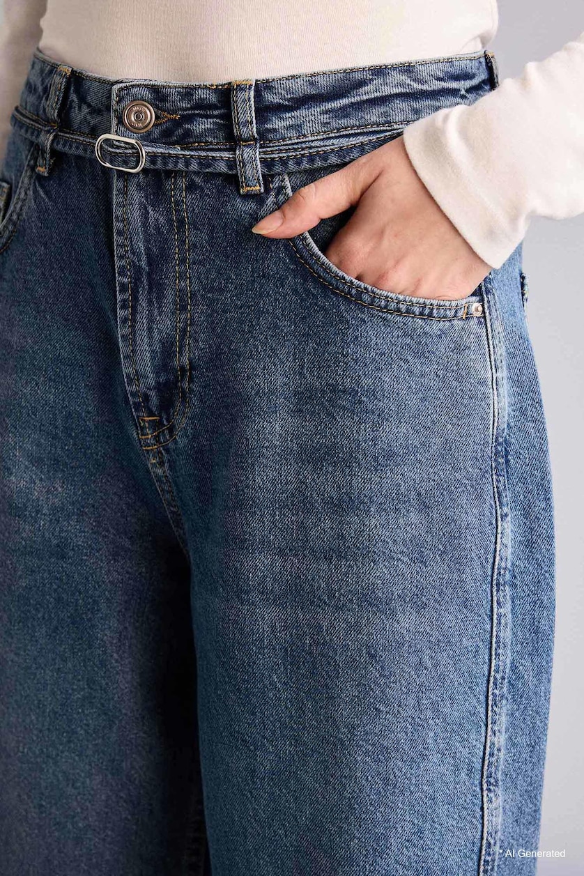 Kadın Mavi Barrel Fit Yüksek Bel Jean