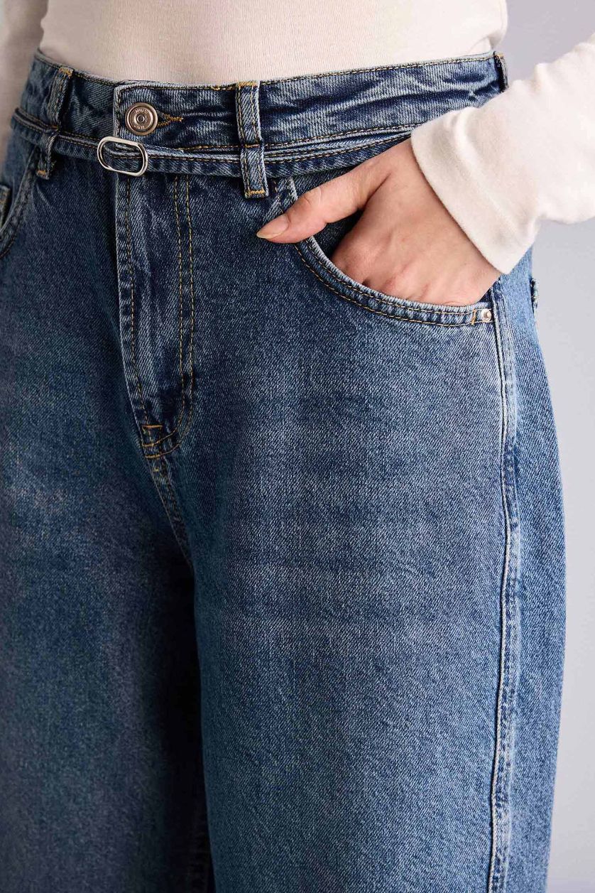 Kadın Mavi Barrel Fıt Normal Bel Jean Pantolon