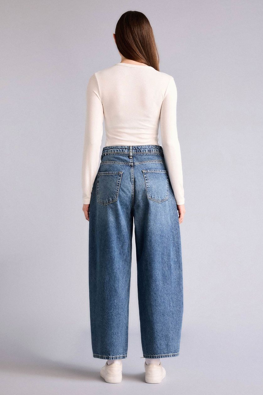 Kadın Mavi Barrel Fıt Normal Bel Jean Pantolon