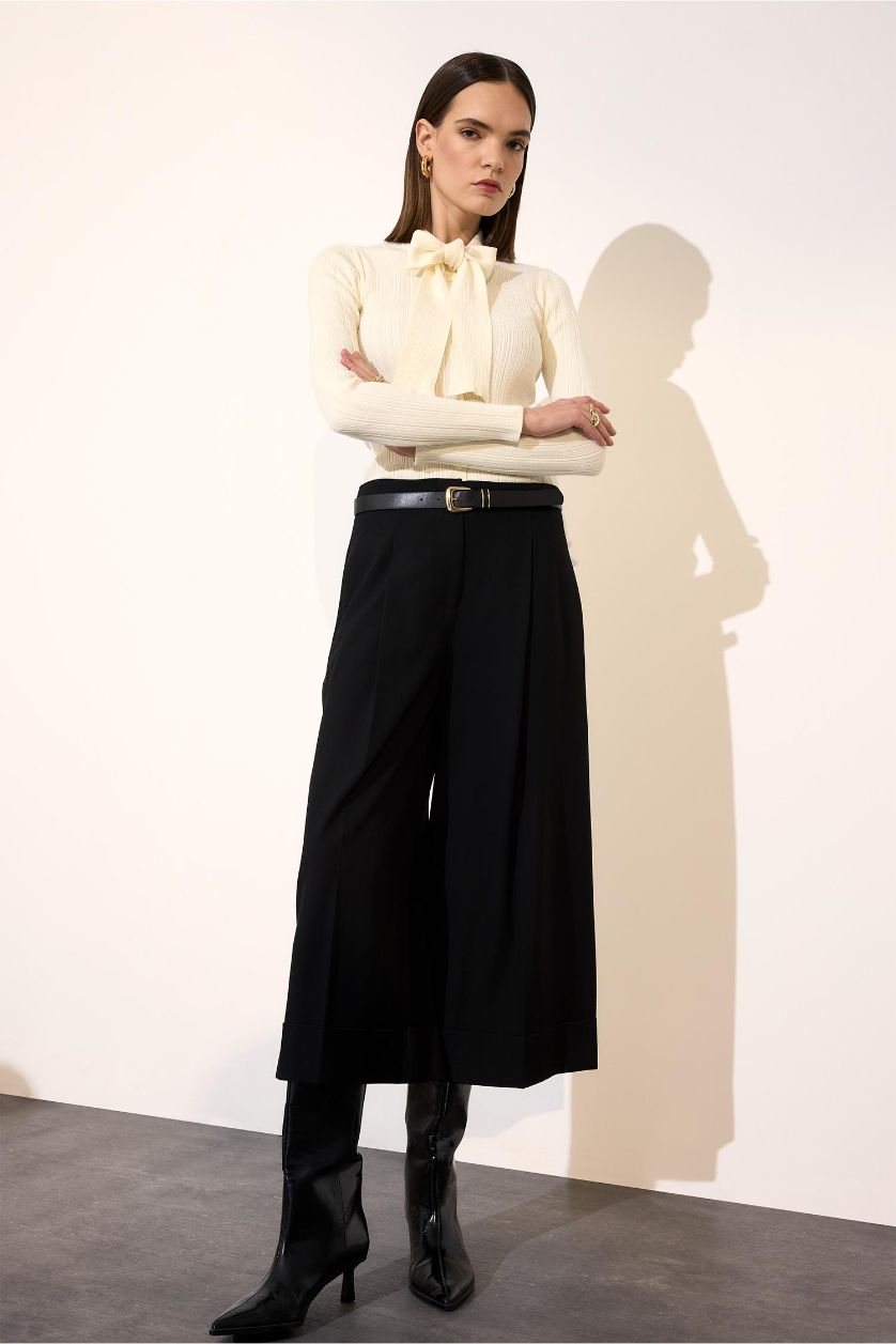 WOMAN Black High Waist Crop Fit Trousers