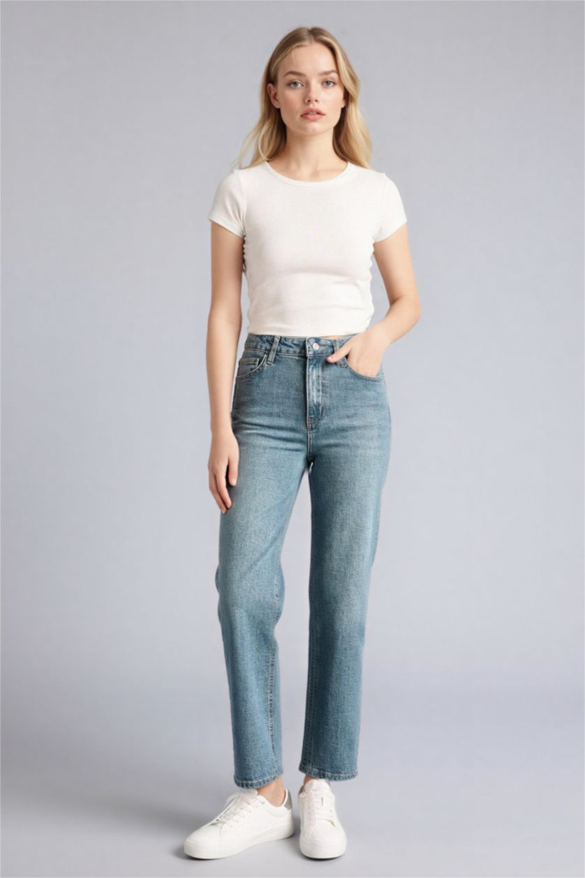 نساء أزرق سروال جينز قصة مستقيمة بخصر عادي