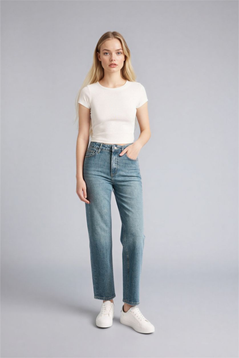 نساء أزرق سروال جينز قصة مستقيمة بخصر عادي