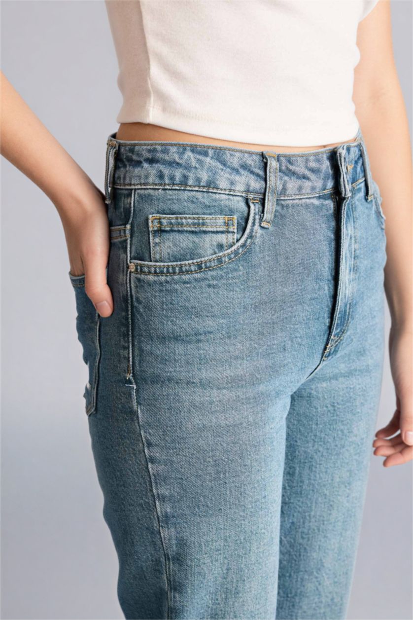 نساء أزرق سروال جينز قصة مستقيمة بخصر عادي