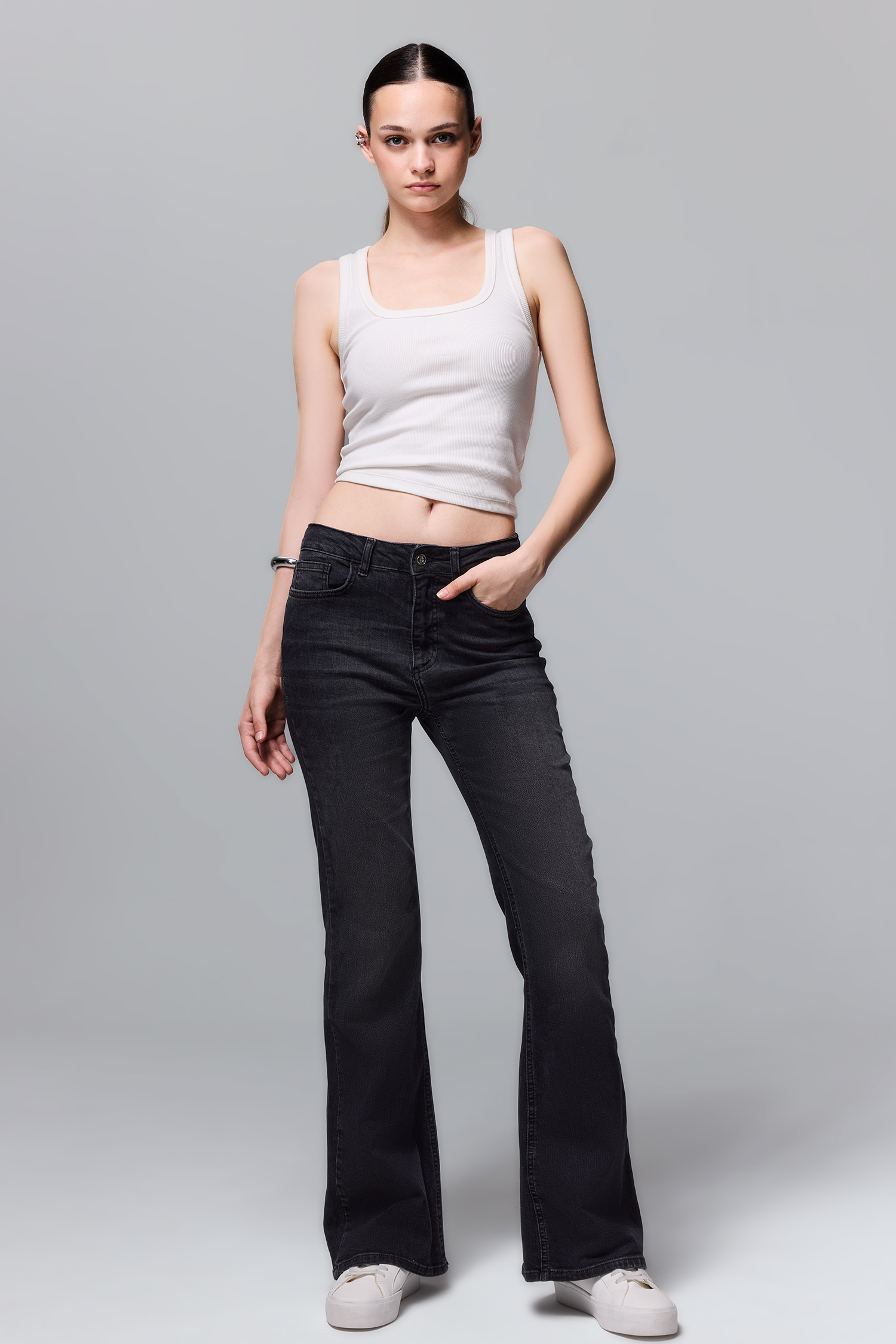 Woman Black High Waist Flare Trousers
