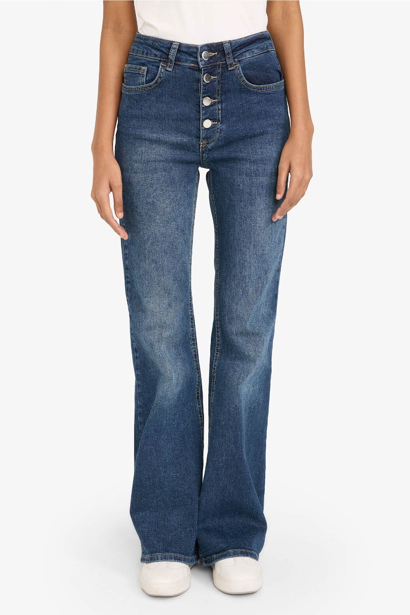Kadın Mavi Mia Flare Fıt Normal Bel Uzun Jean Yıkamalı Pantolon