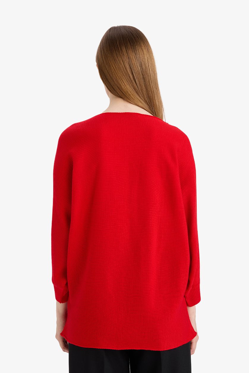 Kadın Kırmızı Kayık Yaka Triko Kazak