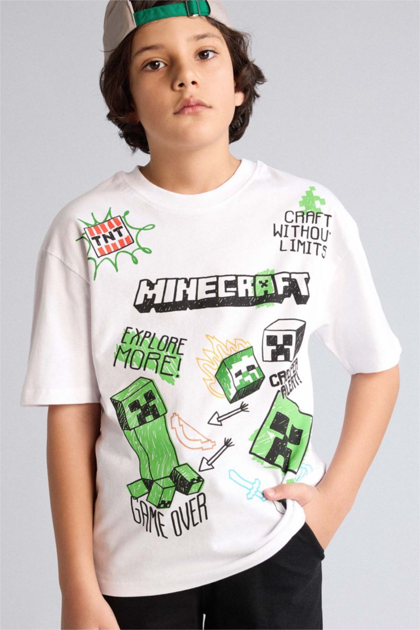 Erkek Çocuk - Genç Erkek Beyaz Mınecraft Oversıze Tişört Erkek Çocuk
