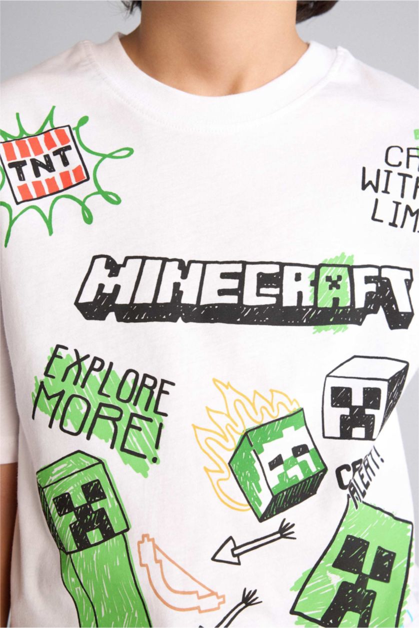 Erkek Çocuk - Genç Erkek Beyaz Mınecraft Oversıze Tişört Erkek Çocuk