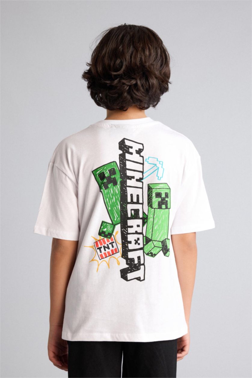 Erkek Çocuk - Genç Erkek Beyaz Mınecraft Oversıze Tişört Erkek Çocuk