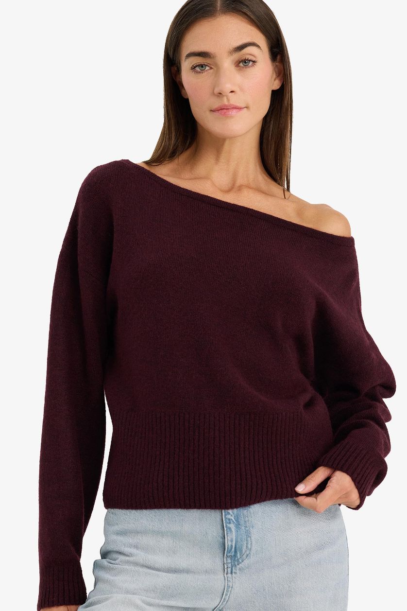 Woman Bordeaux Regular Fit Strapless Knitwear Pullover