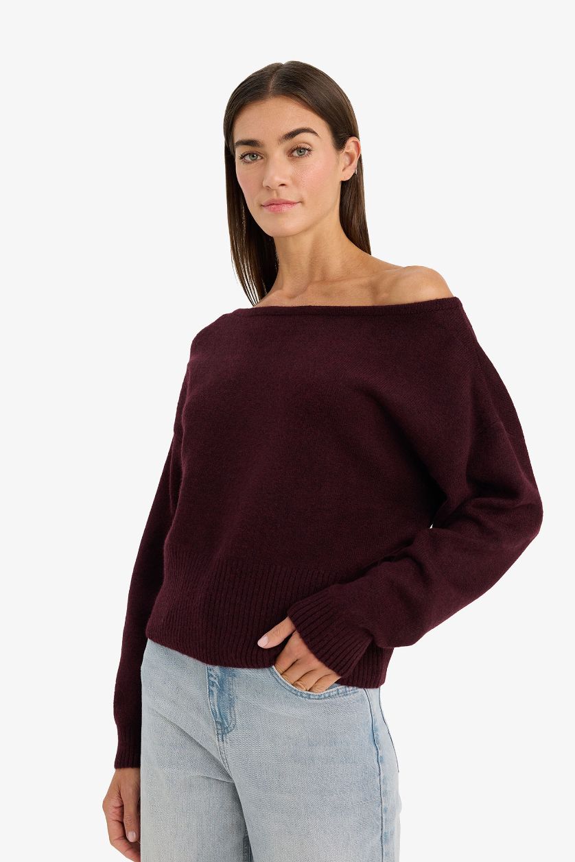 Woman Bordeaux Regular Fit Strapless Knitwear Pullover