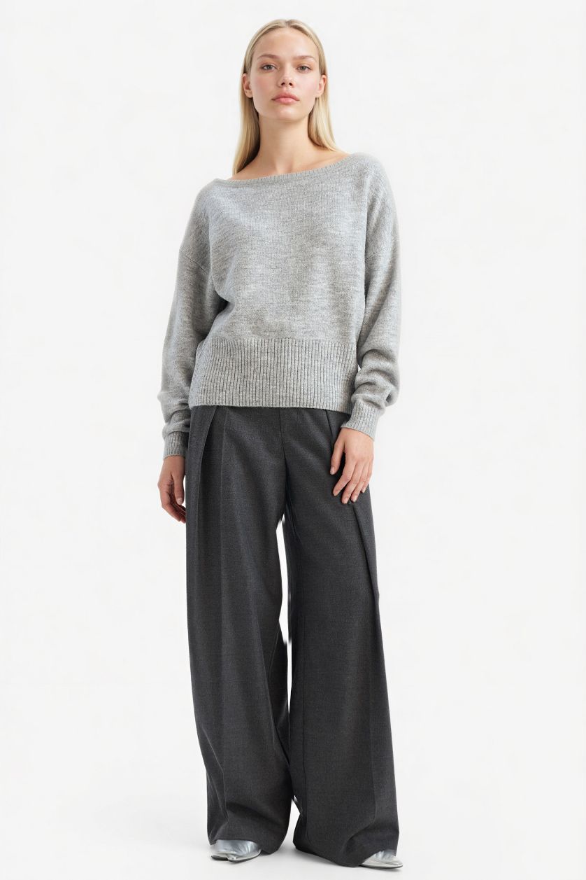 Kadın Açık Gri Melange Regular Fıt Açık Omuz Triko Kazak