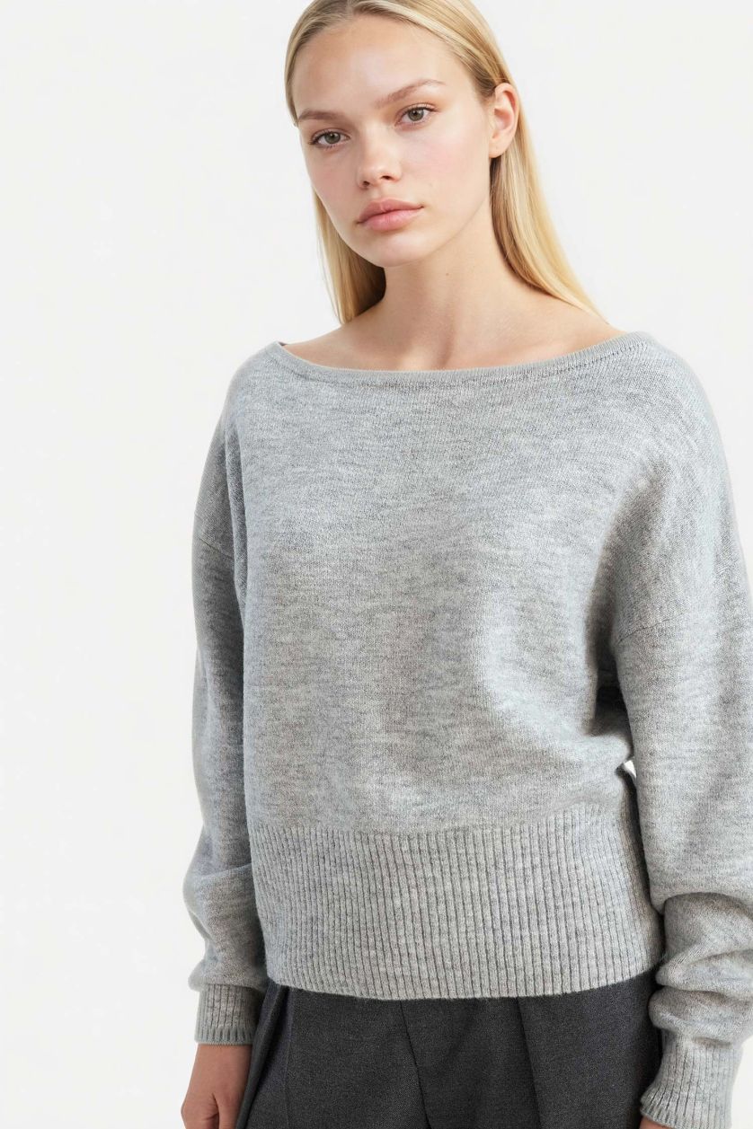 Kadın Açık Gri Melange Regular Fıt Açık Omuz Triko Kazak