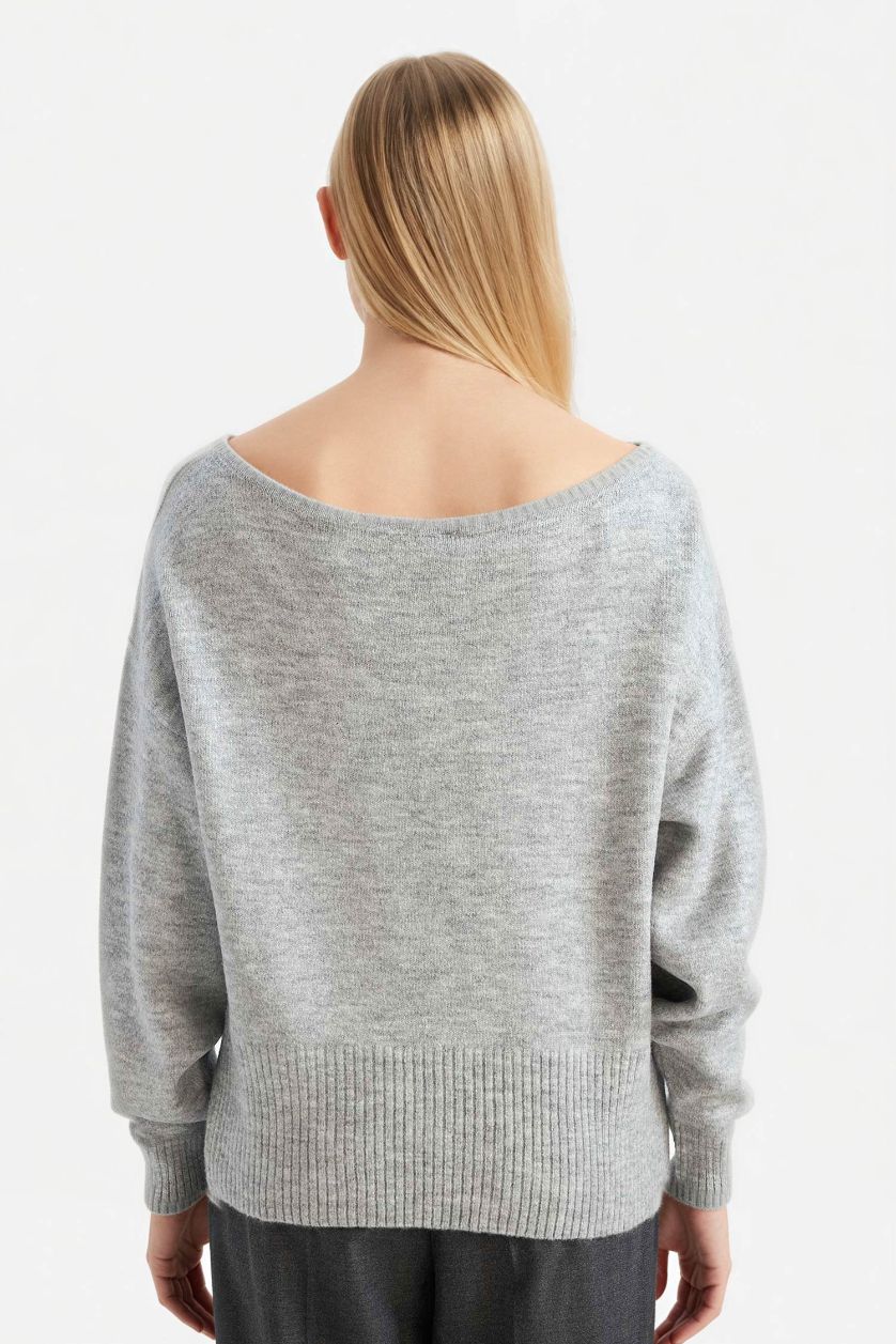 Kadın Açık Gri Melange Regular Fıt Açık Omuz Triko Kazak