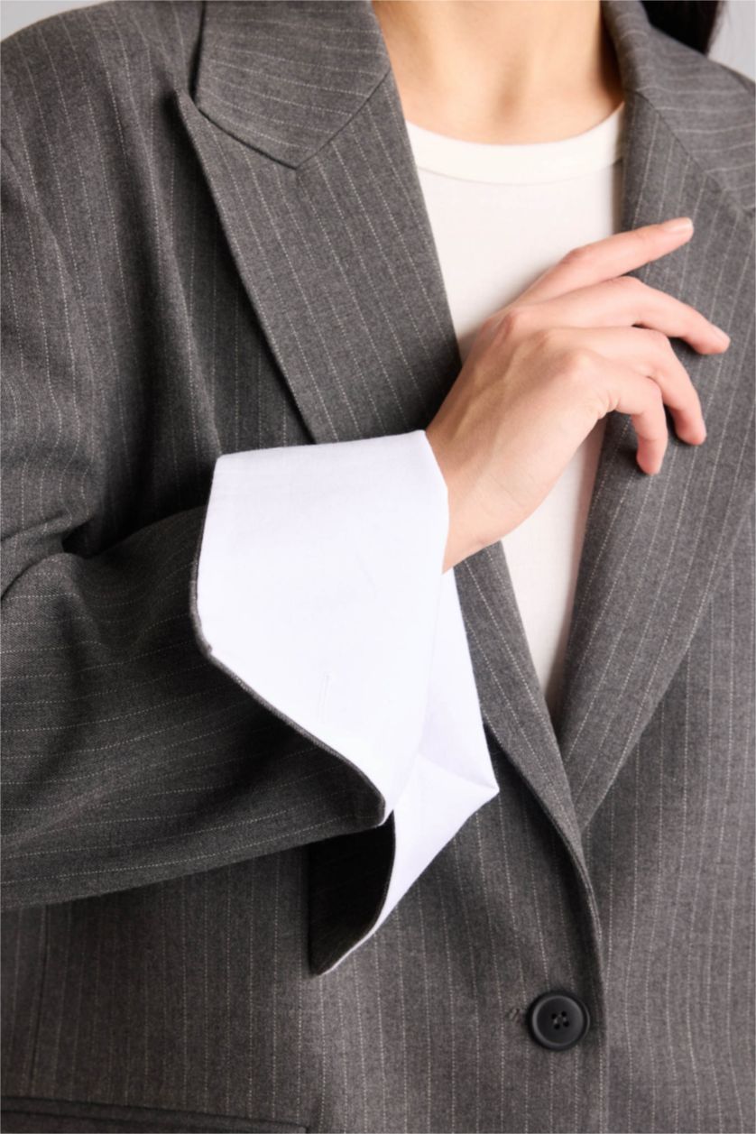 نساء رمادي سترة بليزر مخطط اوفر سايز بياخة جاكيت