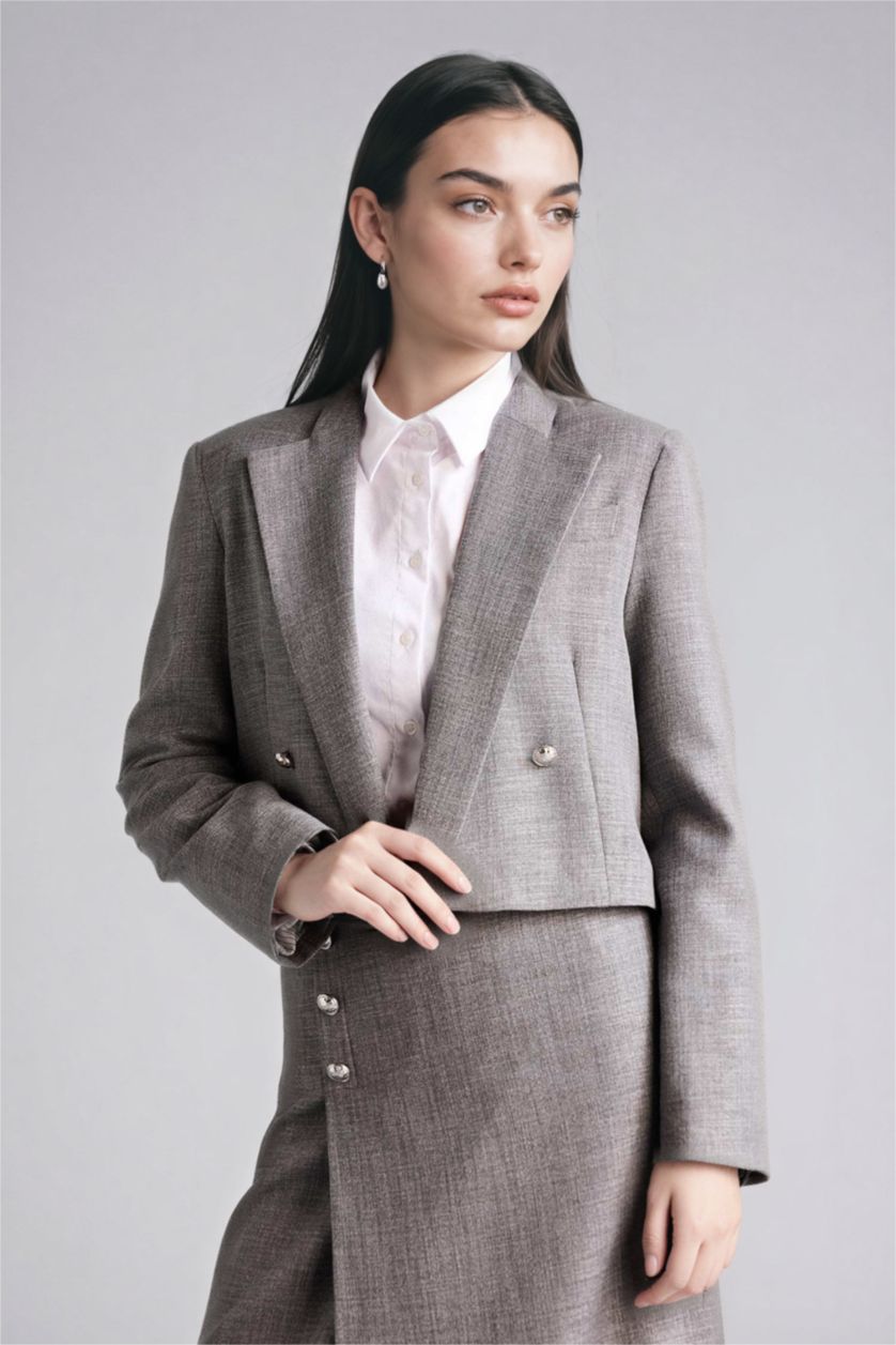 Woman Grey Boxy Fit Jacket Collar Blazer