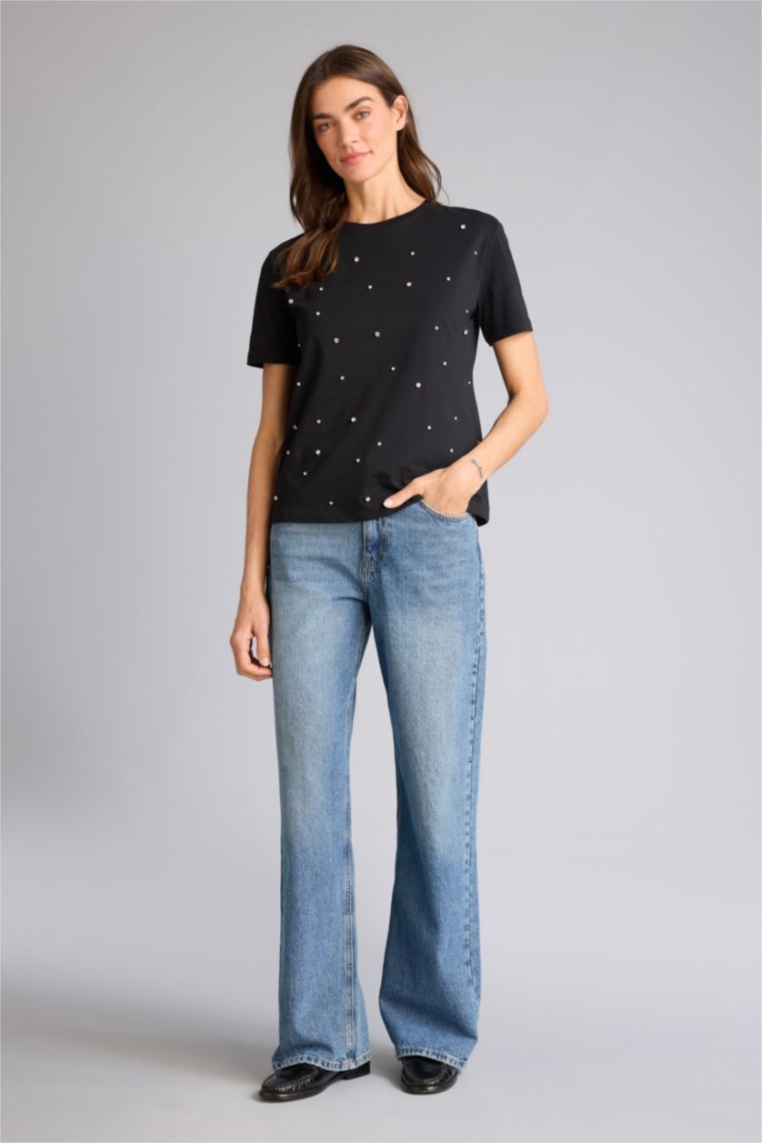 حريمي أسود تيشيرت نص كم قصة عادية مطرز وياقة مستديرة