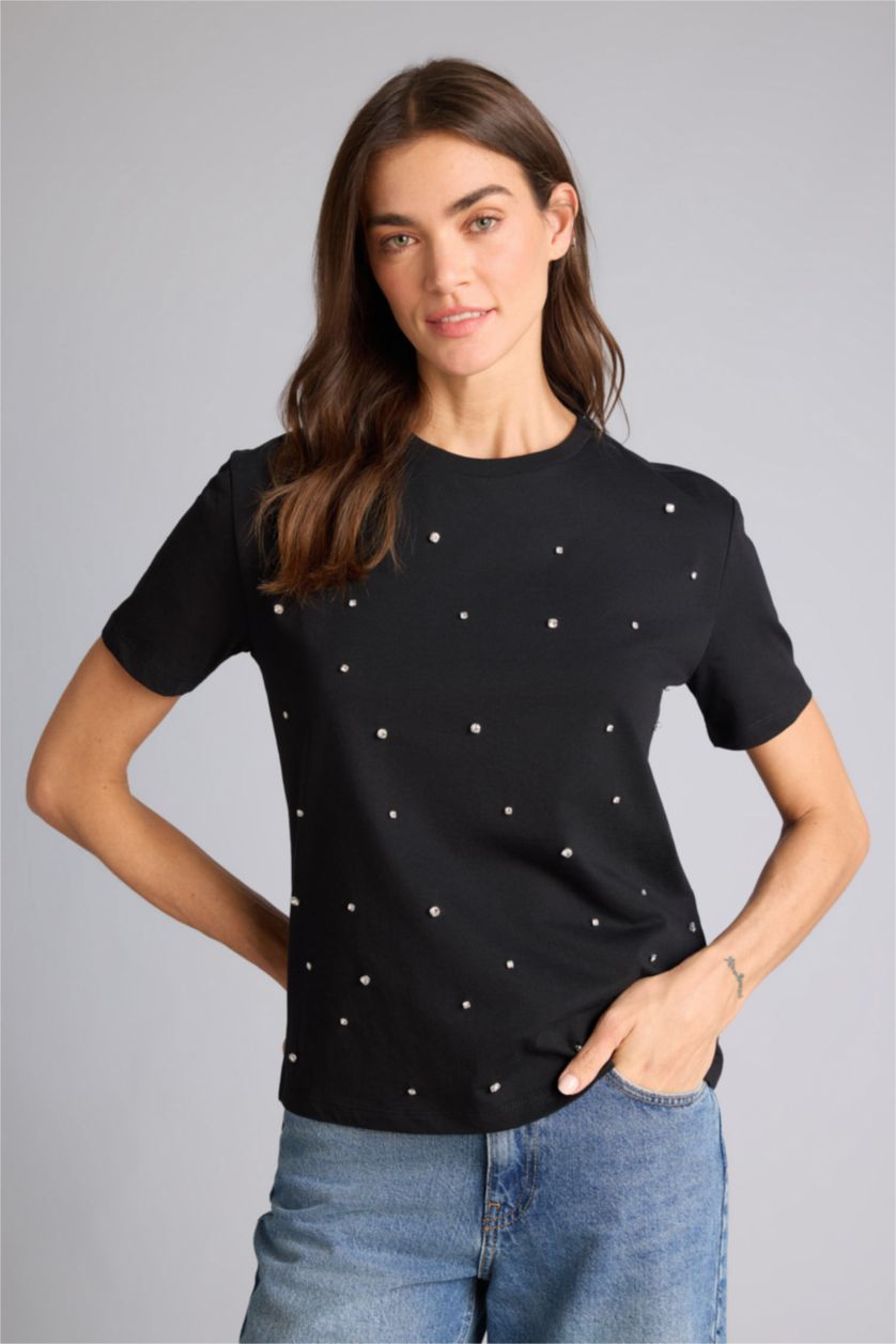 حريمي أسود تيشيرت نص كم قصة عادية مطرز وياقة مستديرة