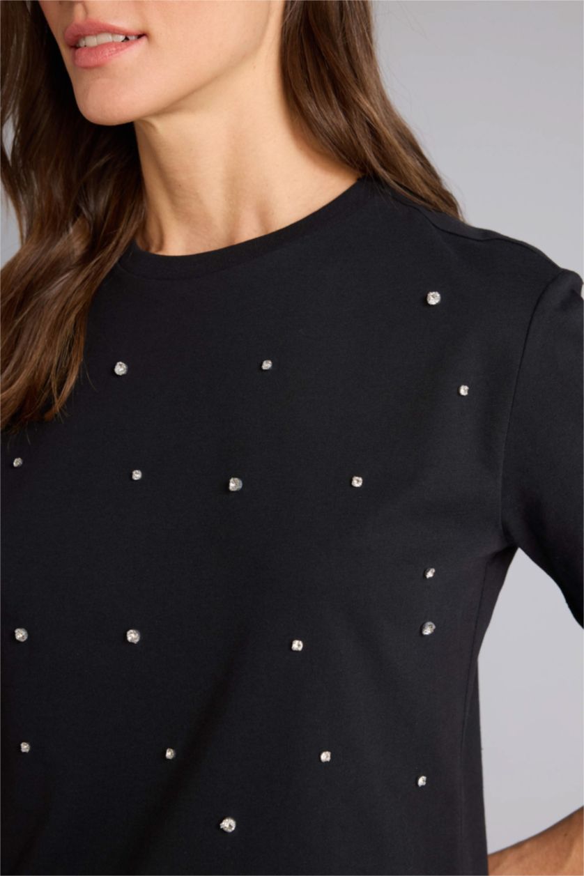 حريمي أسود تيشيرت نص كم قصة عادية مطرز وياقة مستديرة