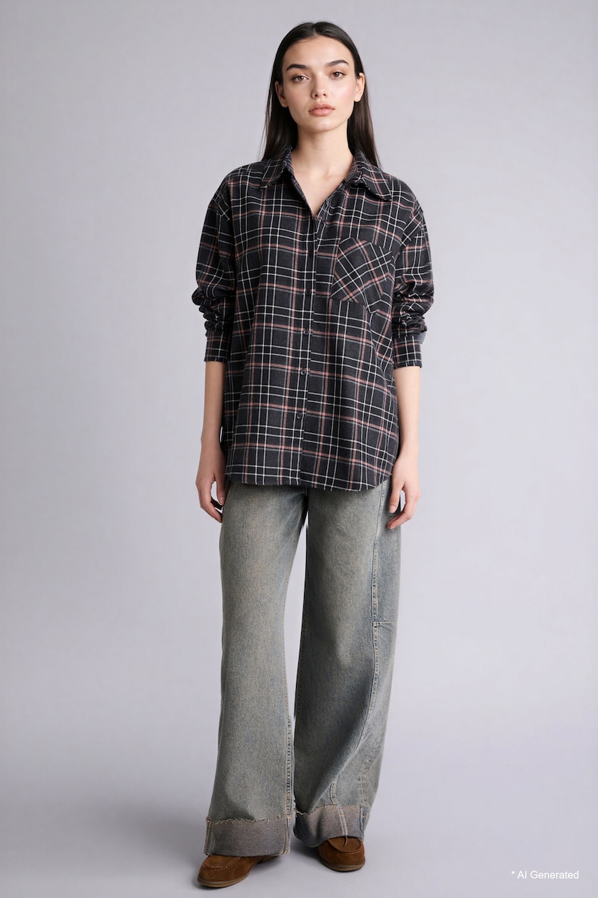 Women Black Oversize Fit Flanel Long Sleeve Shirt