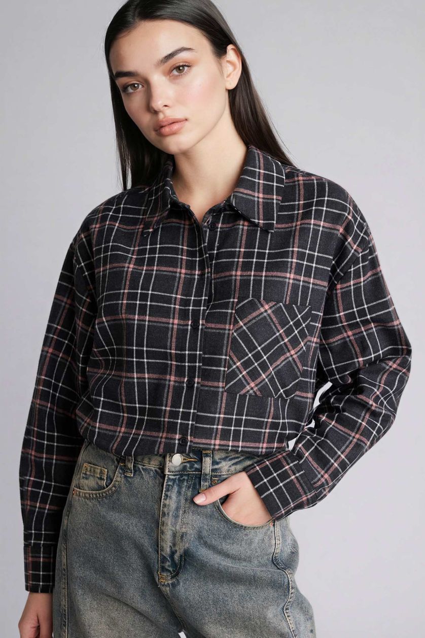 Woman Black Oversize Fit Shirt Collar Flanel Plaid Long Sleeve Shirt