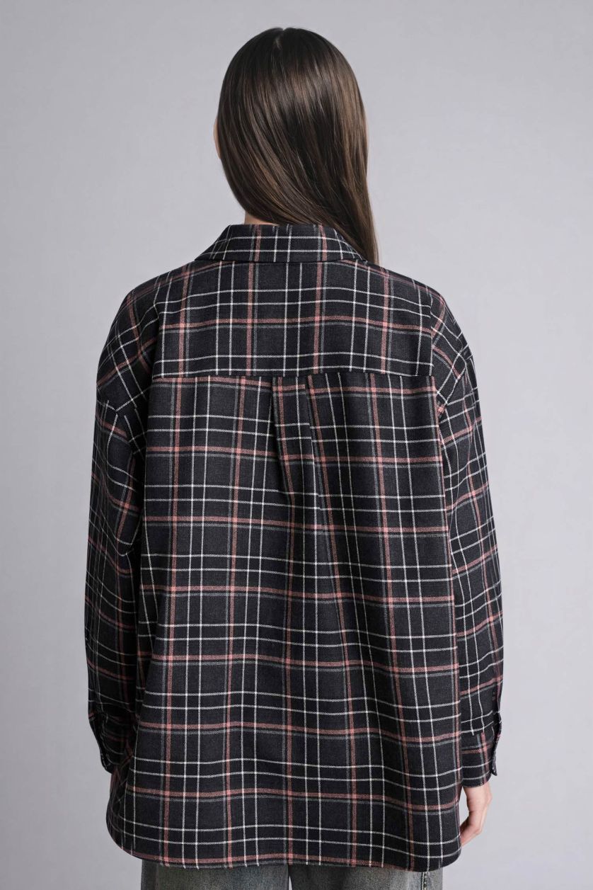 Woman Black Oversize Fit Shirt Collar Flanel Plaid Long Sleeve Shirt