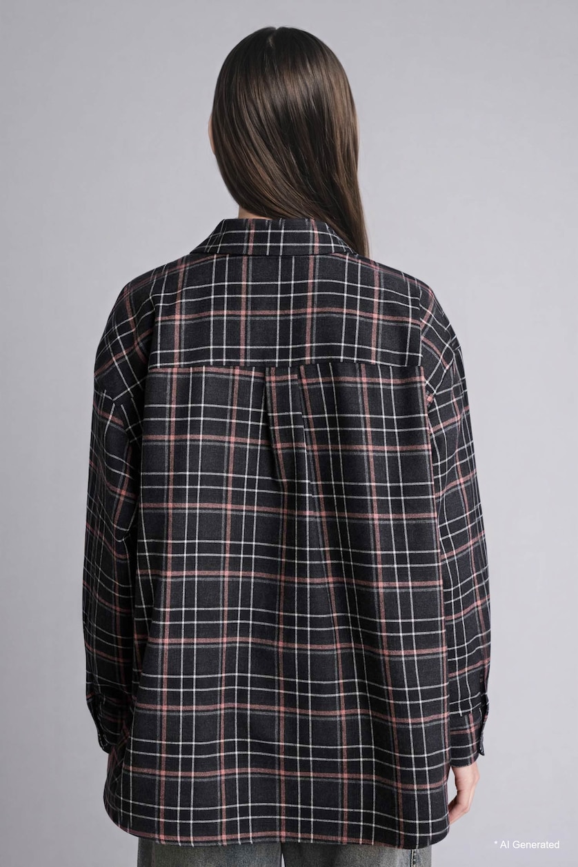 Women Black Oversize Fit Flanel Long Sleeve Shirt