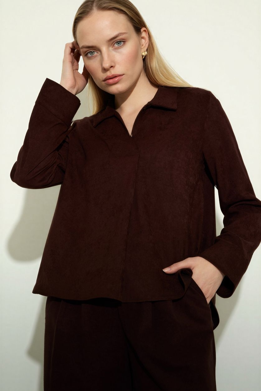 Woman Brown Relax Fit Shirt Collar Suede Long Sleeve Blouse